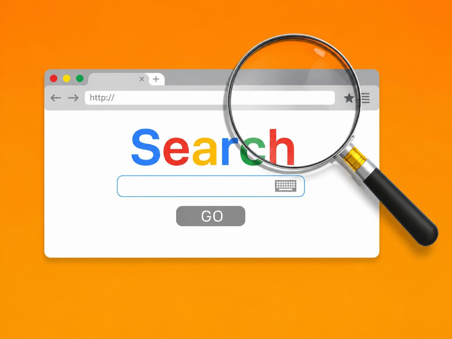 Browserfenster mit Google-Suche und Lupe als Sinnbild für Suchmaschinenoptimierung